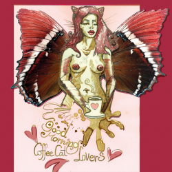 Illustration mit Kaffee und echten Schmetterlingsflügeln, am PC koloriert